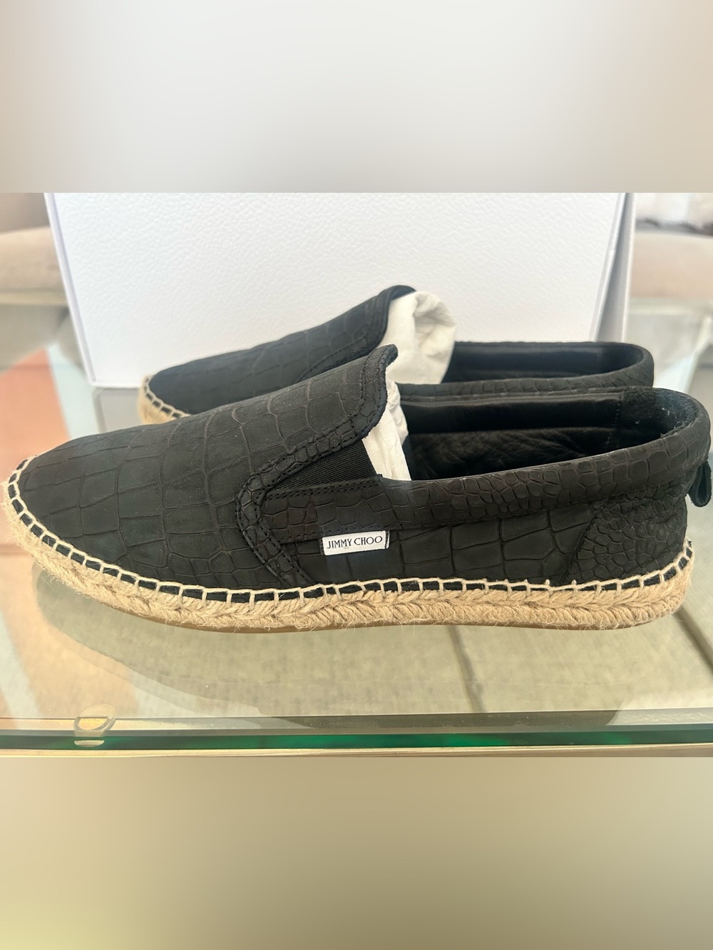 Men’s Jimmy Choo Black Croc-Embossed Espadrille Slip-On Loafers